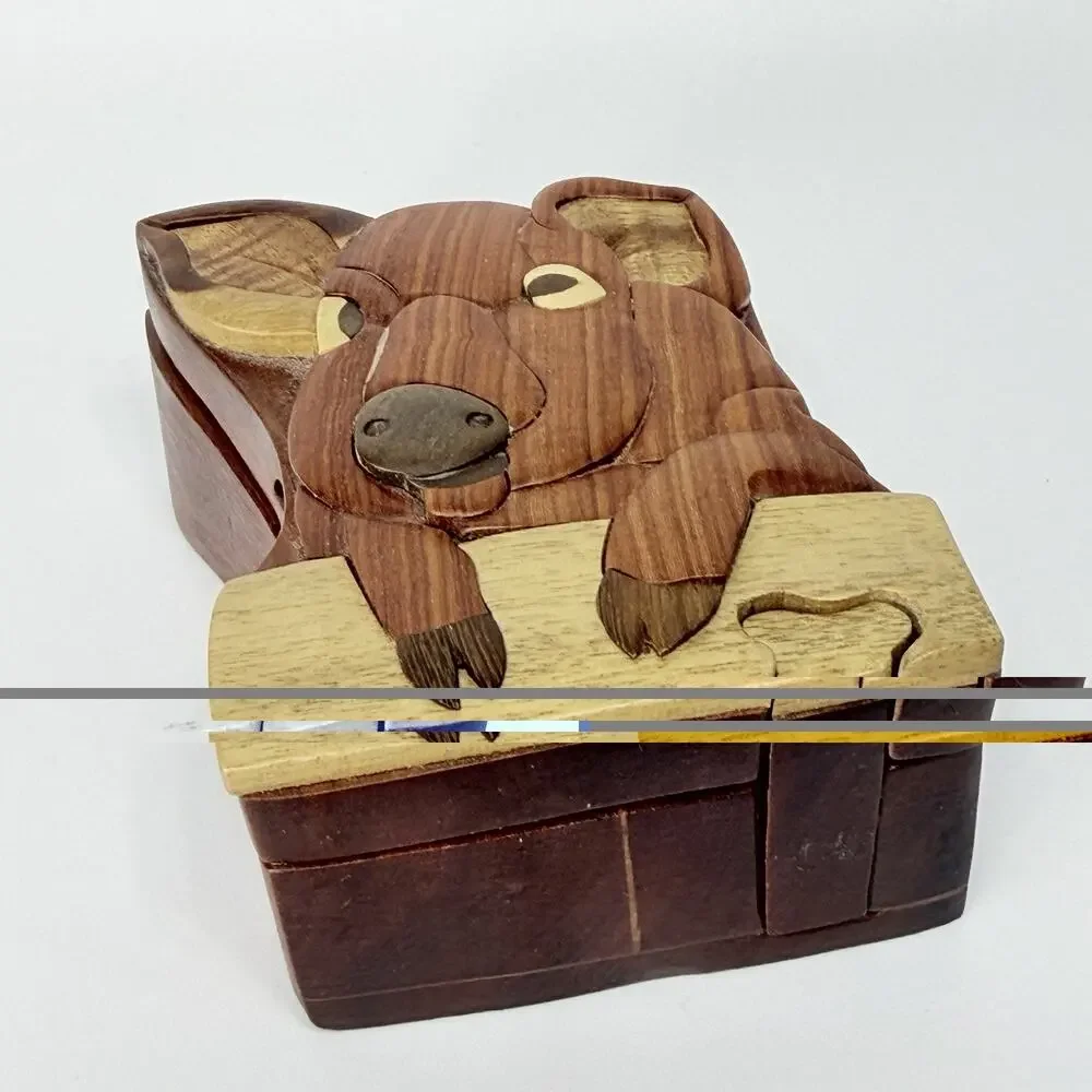 Vintage Wood Pig Puzzle Box Secret Closure Trinket Box Complete 4.5